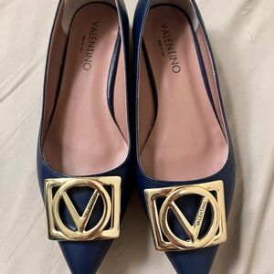 Valentino Blue Flats with Gold Accents